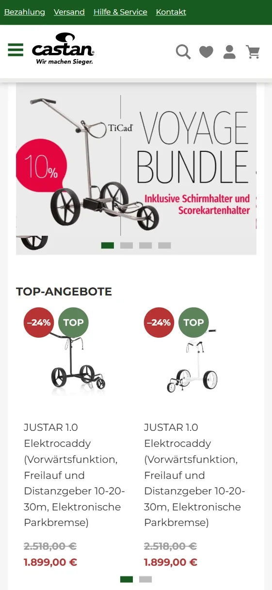 Home page of castangolf.de on mobile